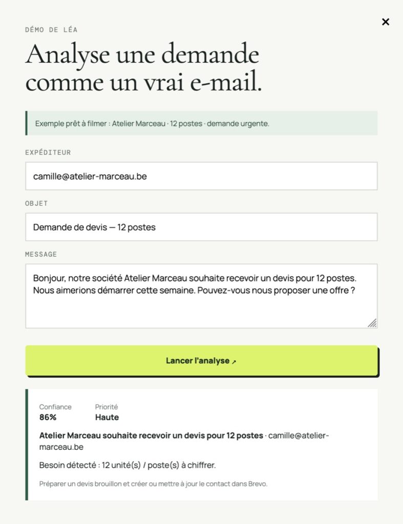 Aperçu de Léa analysant un e-mail de demande de devis et proposant une action commerciale