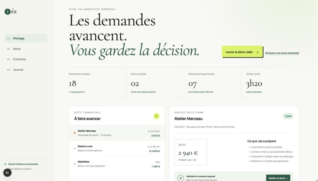 Aperçu du tableau de bord de Léa avec demandes à traiter, devis à valider et relances programmées