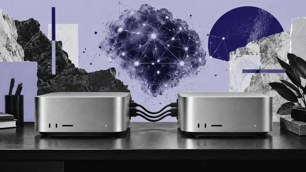 Illustration de deux Mac Studio reliés pour l’exécution locale d’un modèle IA